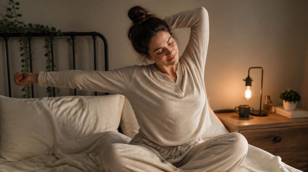 Woman doing gentle bedtime stretches as part of an evening routine