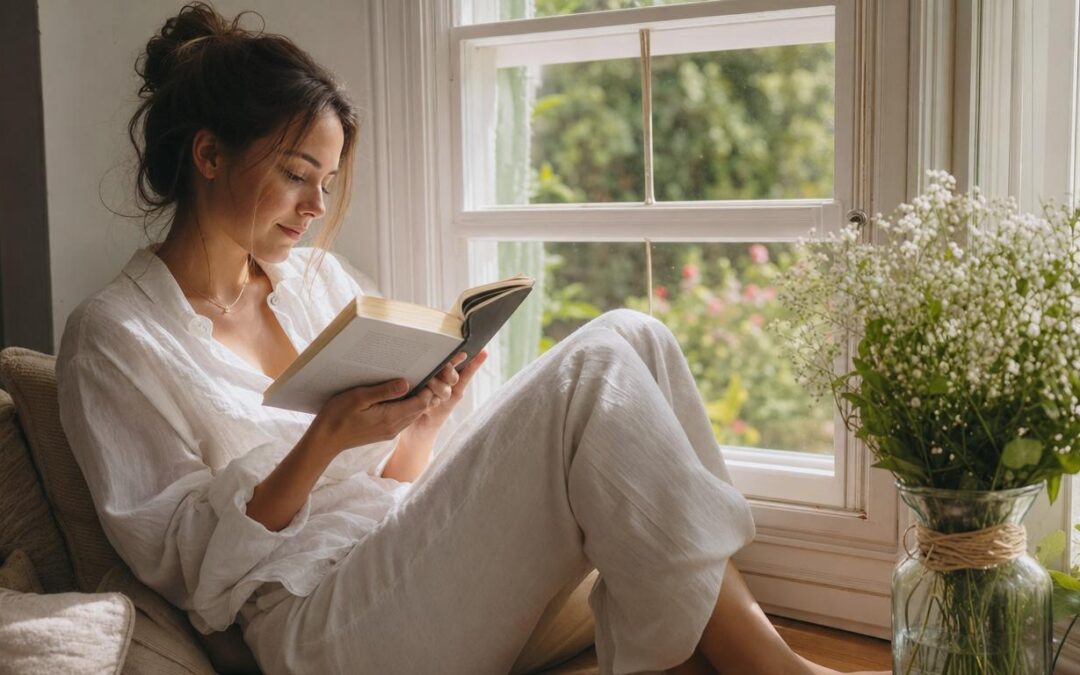 Woman enjoying a calm screen-free Sunday reading by a window