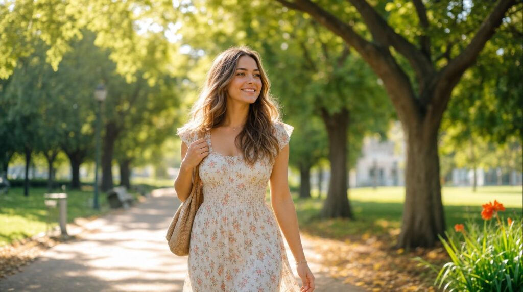 Woman walking on a sunny path in a park