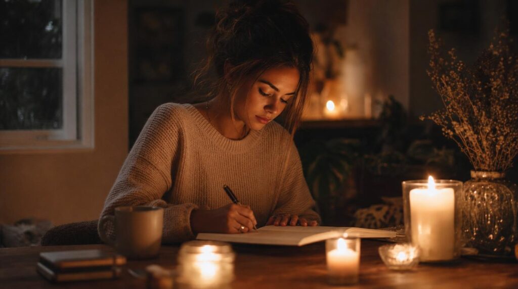 Woman journaling and reflecting by candlelight