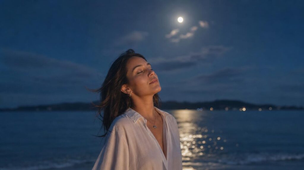 Woman releasing and letting go under moonlight