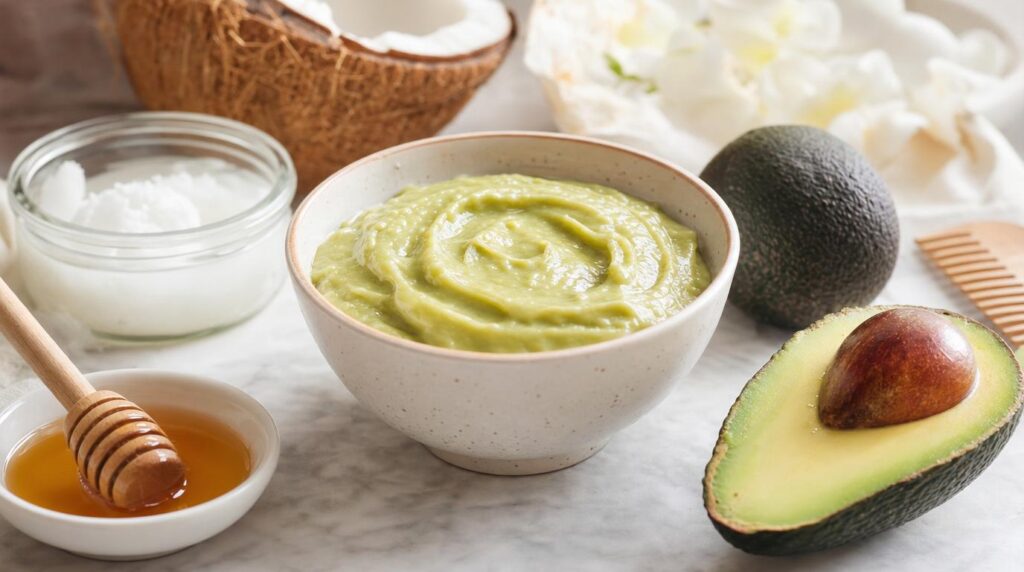 Bowl of homemade hair mask with natural ingredients