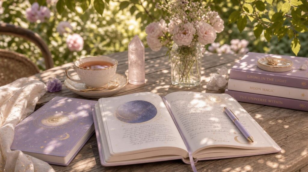 Outdoor journaling scene for self-care Sunday reflection