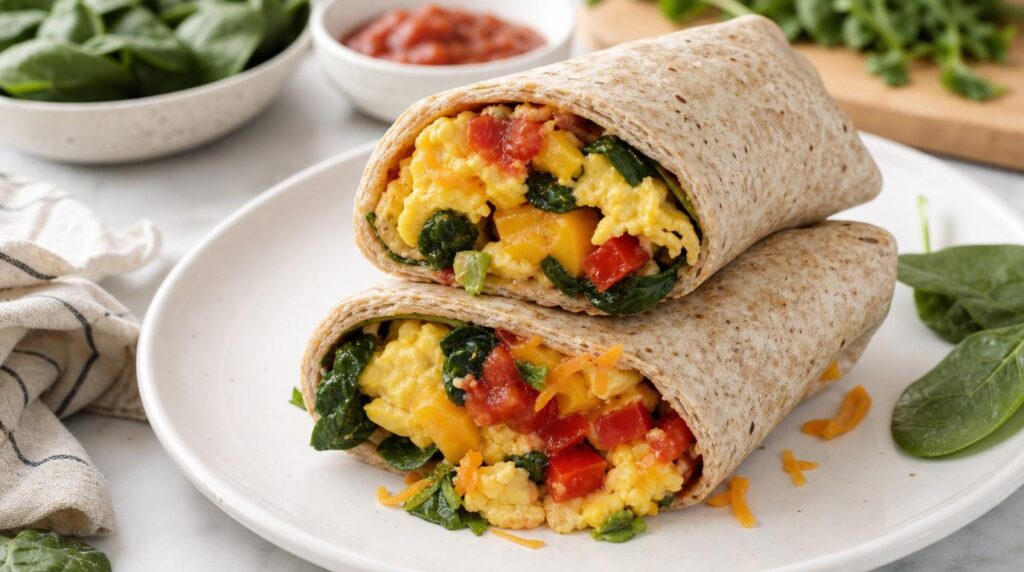 Egg and Veggie Scramble Wraps in a whole-grain tortilla