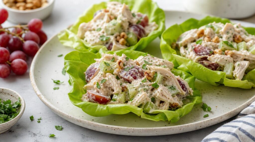 Greek Yogurt Chicken Salad Lettuce Wraps in crisp lettuce cups