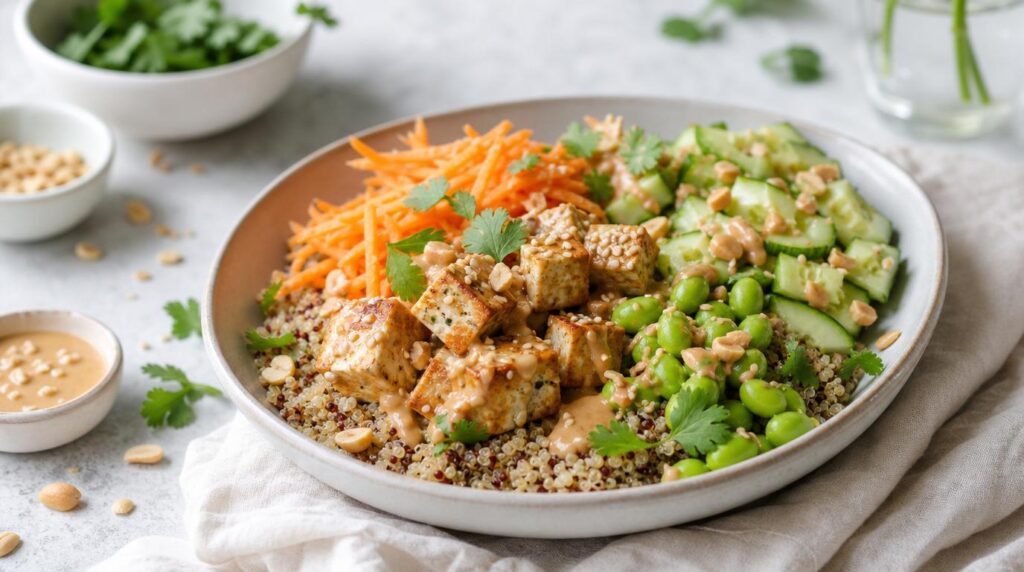 Tofu and Edamame Grain Bowl over quinoa