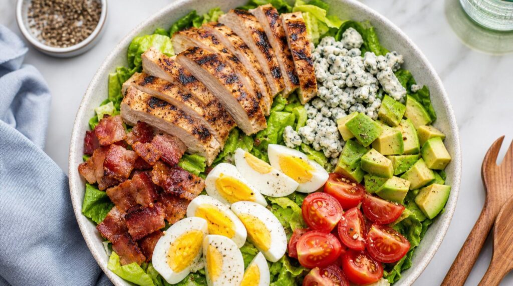 Grilled Chicken Cobb Salad in a bowl with grilled chicken, egg, avocado, tomato, bacon and blue cheese