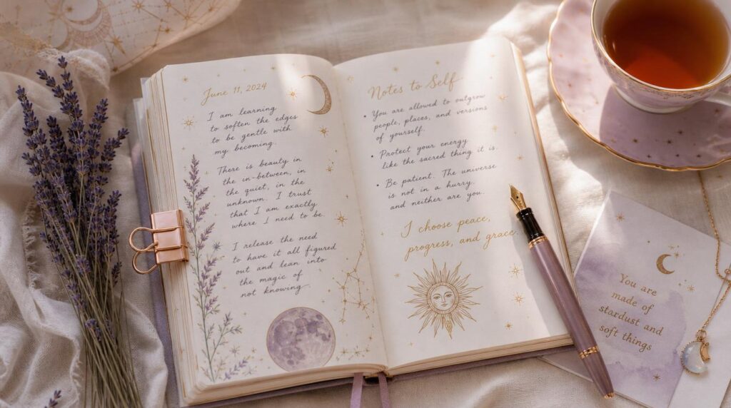 Open journal with new moon journaling prompts and a pen
