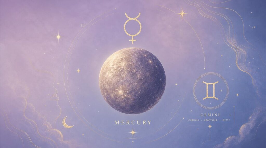 Minimalist illustration of Mercury with the Gemini symbol