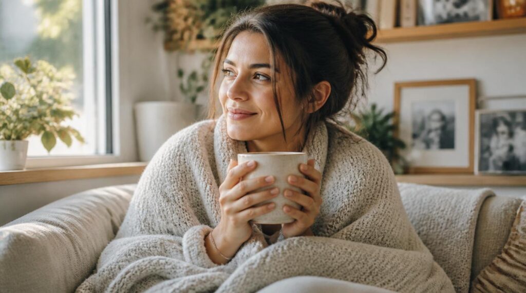 Relatable woman relaxing at home with a warm mug, nurturing Cancer mood