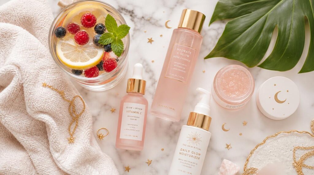 A fresh summer self-care flat lay for the body: a glass of lemon-and-berry infused water, lightweight skincare bottles, a vitamin C serum, a green leaf and a soft towel on a bright marble surface, clean hydrating mood, top-down. Soft, ethereal, feminine aesthetic; dreamy pastel and celestial tones with gold accents; high-quality, Pinterest-style, modern and elegant.