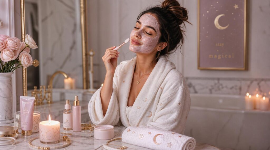 At-home spa self-care moment with face mask and skincare