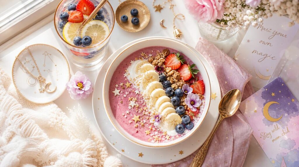 Fresh summer self-care breakfast with infused water and smoothie bowl