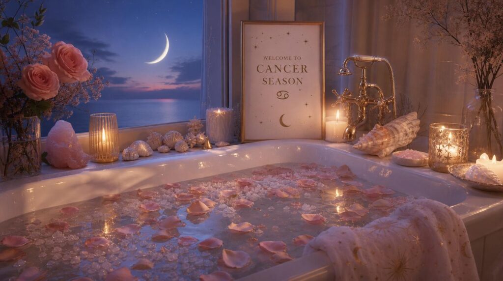 Cancer season welcome bath ritual with candles and seashells