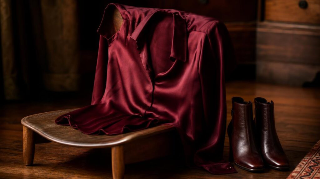 Burgundy silk blouse draped over a chair beside oxblood leather ankle boots