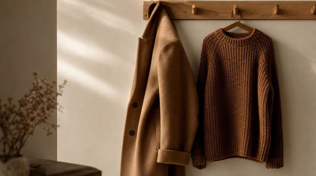 Camel wool coat hanging beside a toffee brown chunky knit sweater showing warm neutral fall tones