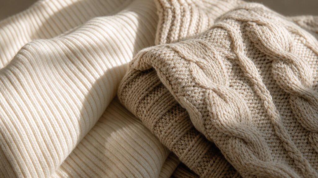 Close-up of cream ribbed knit and oatmeal cable knit sweaters showing warm off-white fall neutrals