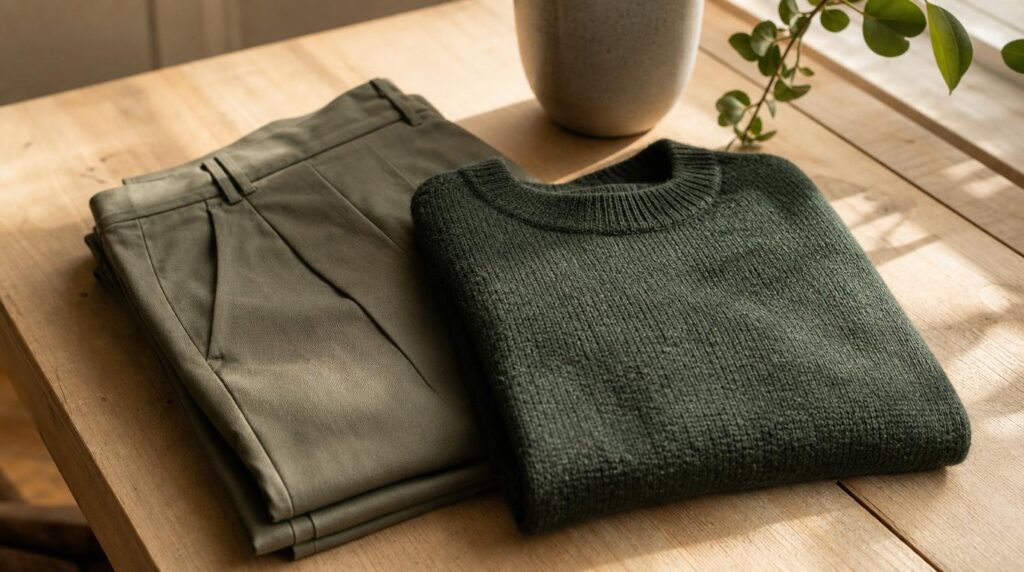 Olive green trousers folded beside a deep forest green knit sweater on a wooden surface