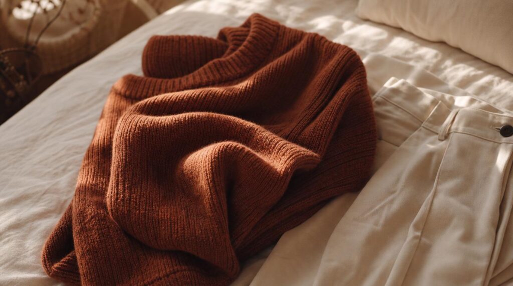 Rust terracotta knit sweater folded beside cream trousers showing a warm autumn color pairing