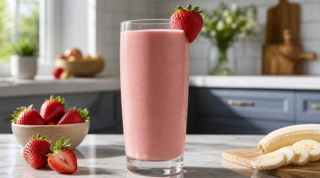 Classic Strawberry Banana Smoothie in a tall glass with frozen strawberries, banana and Greek yogurt