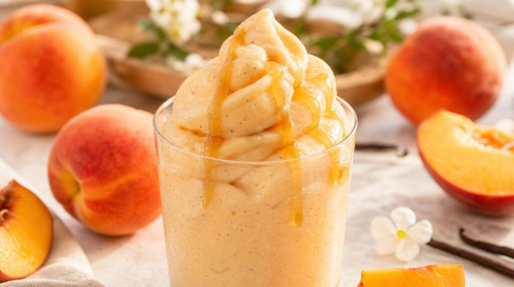Peaches and Cream Smoothie in a tall glass with ripe peaches, Greek yogurt, honey and vanilla