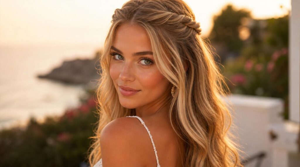 Heatless summer hairstyles on a woman keeping cool with a claw clip, braid and bun