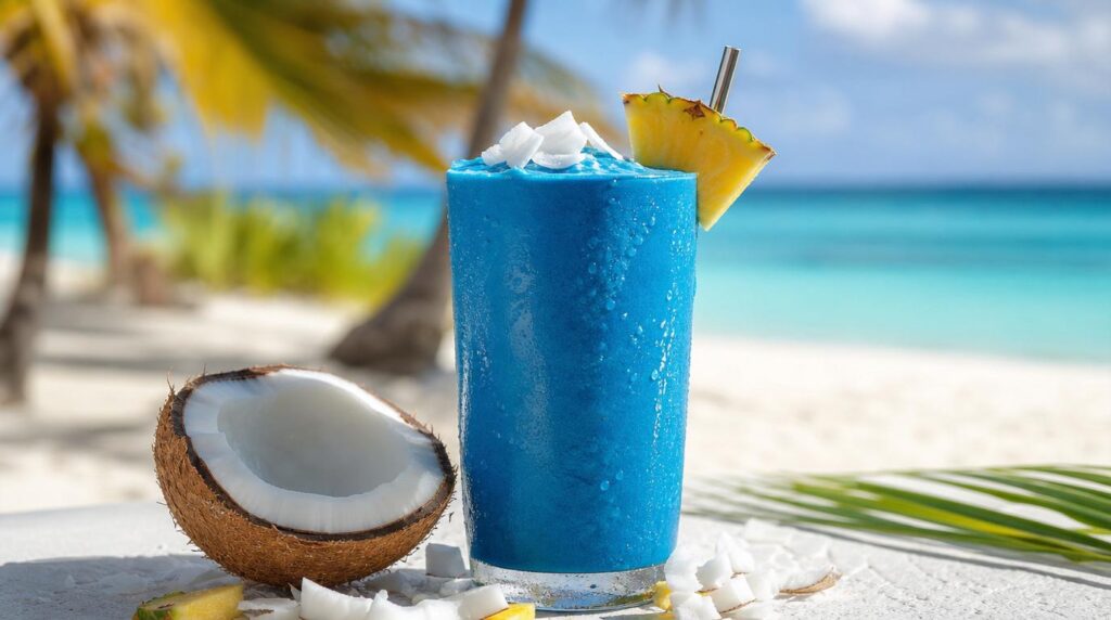 Blue Majik Mermaid Smoothie in a tall glass with banana, pineapple, coconut milk and blue spirulina