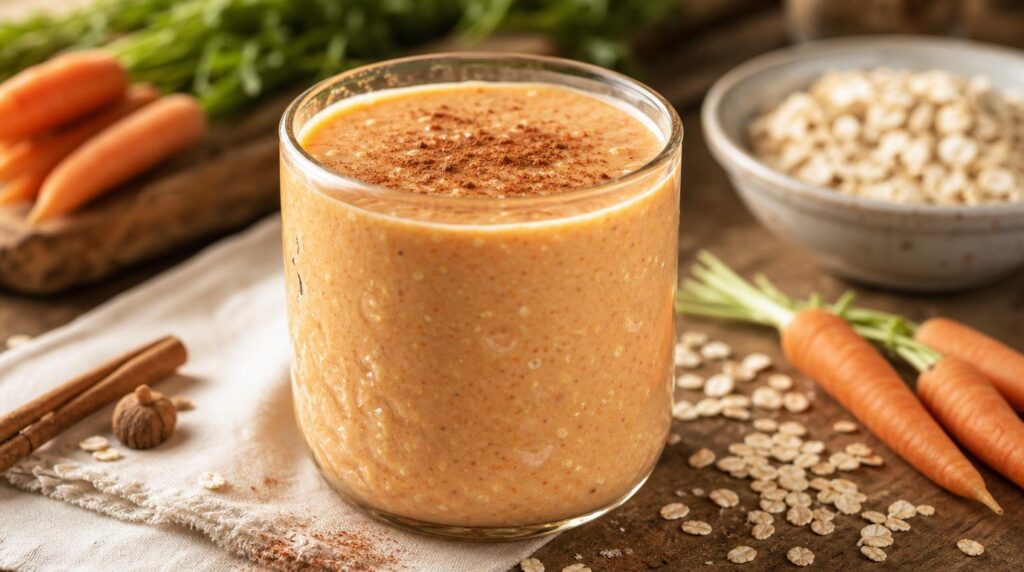 Carrot Cake Smoothie in a tall glass with carrot, banana, oats, cinnamon and nutmeg