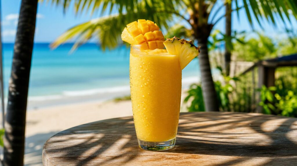 Tropical Mango Pineapple Smoothie in a tall glass with mango, pineapple, banana and coconut water