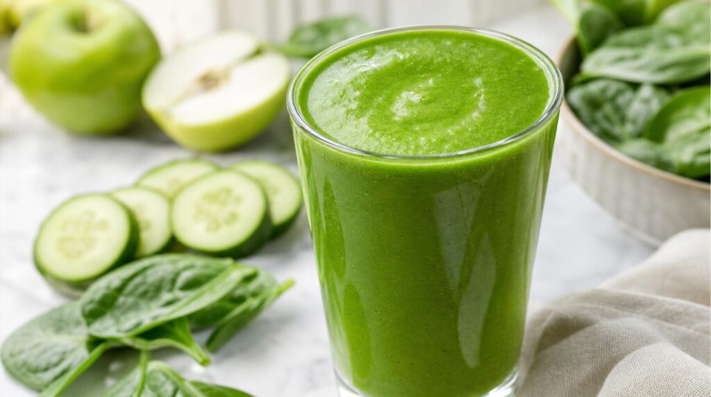 Green Glow Detox Smoothie in a tall glass with spinach, green apple, cucumber, banana and lemon