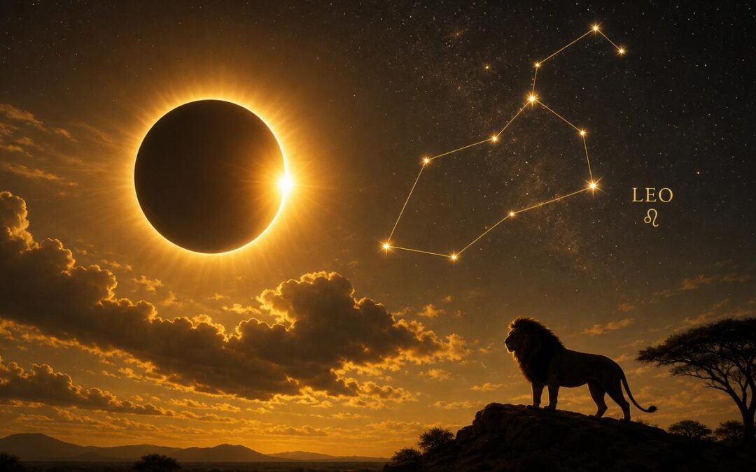 Total solar eclipse in Leo 2026 in a dramatic golden sky with the Leo constellation