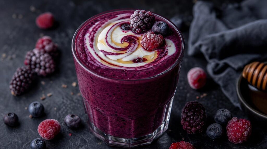 Berry Antioxidant Blast Smoothie in a tall glass with mixed berries, spinach and Greek yogurt