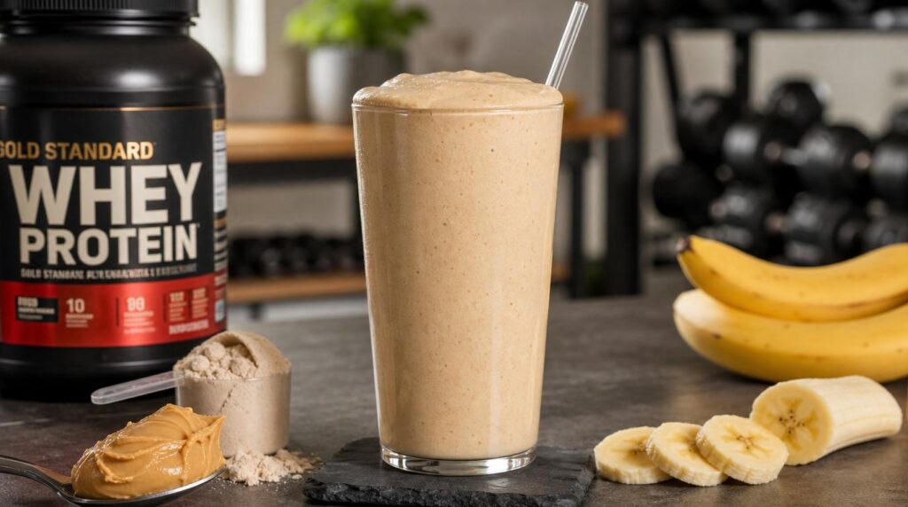 Peanut Butter Banana Protein Smoothie in a tall glass with banana, peanut butter and protein powder