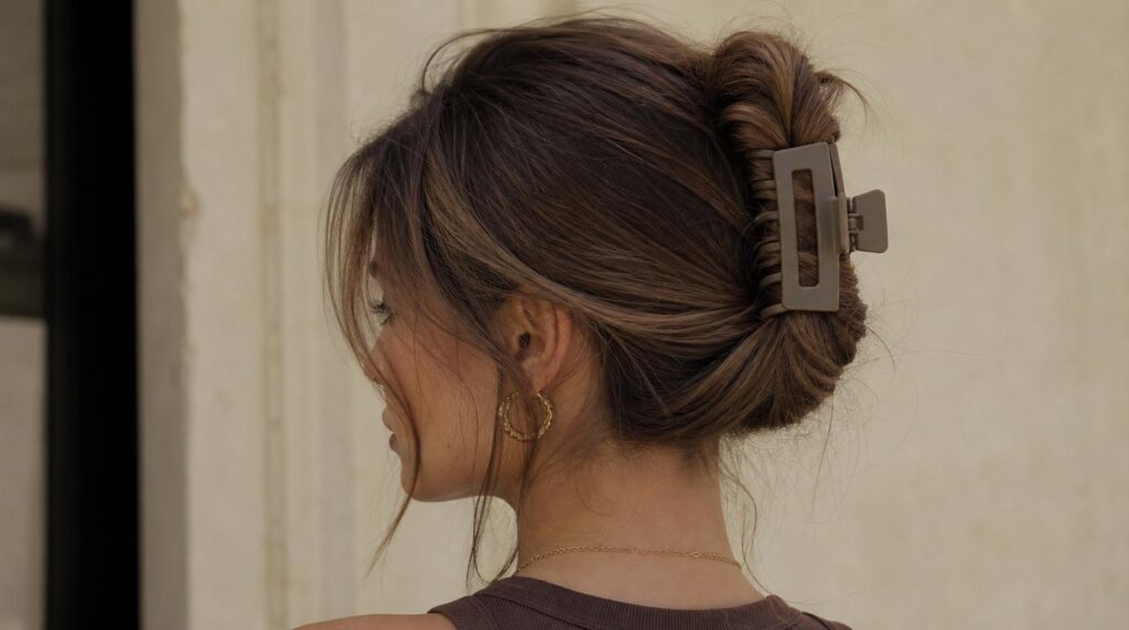 Heatless summer hairstyles on a woman keeping cool with a claw clip, braid and bun
