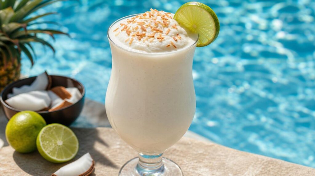 Virgin Pina Colada Smoothie in a tall glass with pineapple, banana, coconut milk and lime