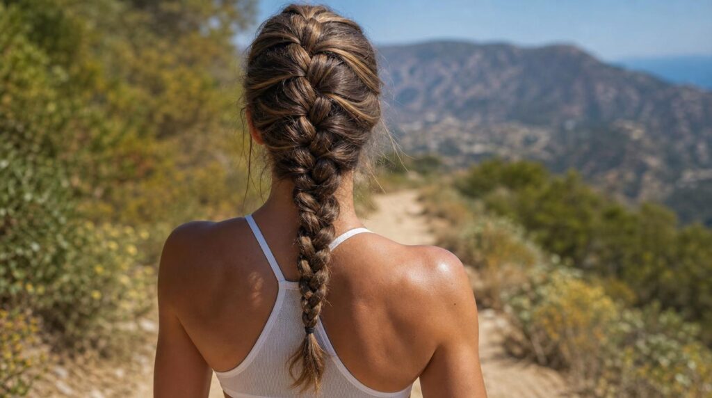 Heatless summer hairstyles on a woman keeping cool with a claw clip, braid and bun