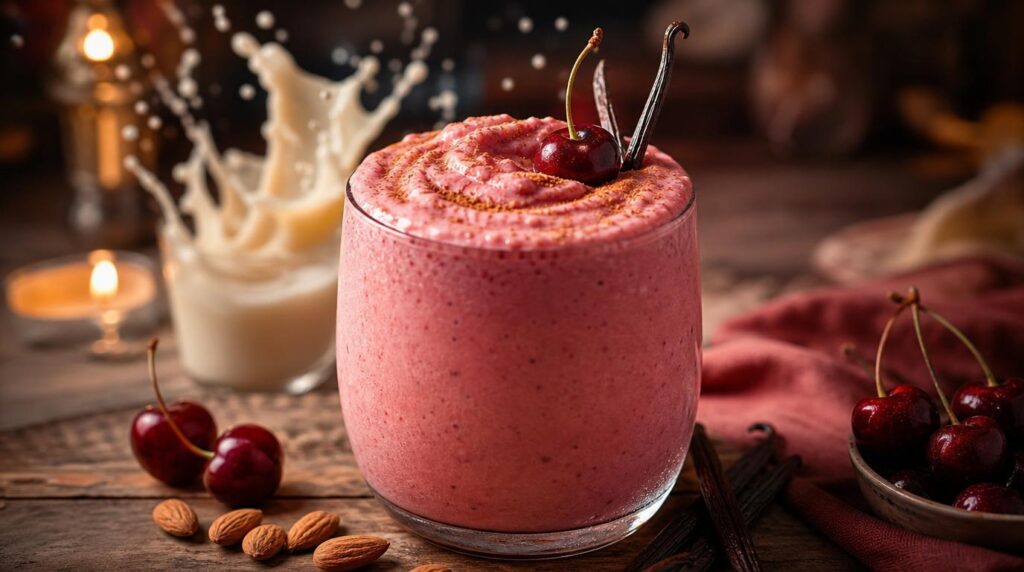 Cherry Vanilla Dream Smoothie in a tall glass with frozen cherries, vanilla yogurt and cinnamon