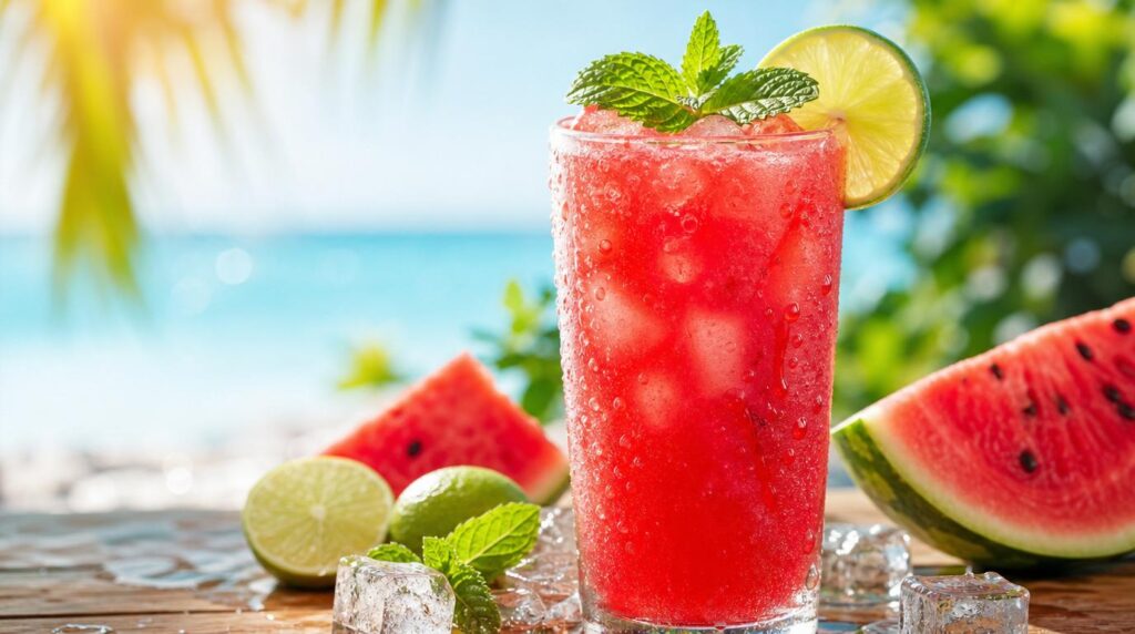 Watermelon Cooler in a tall glass with fresh watermelon, lime and mint over ice