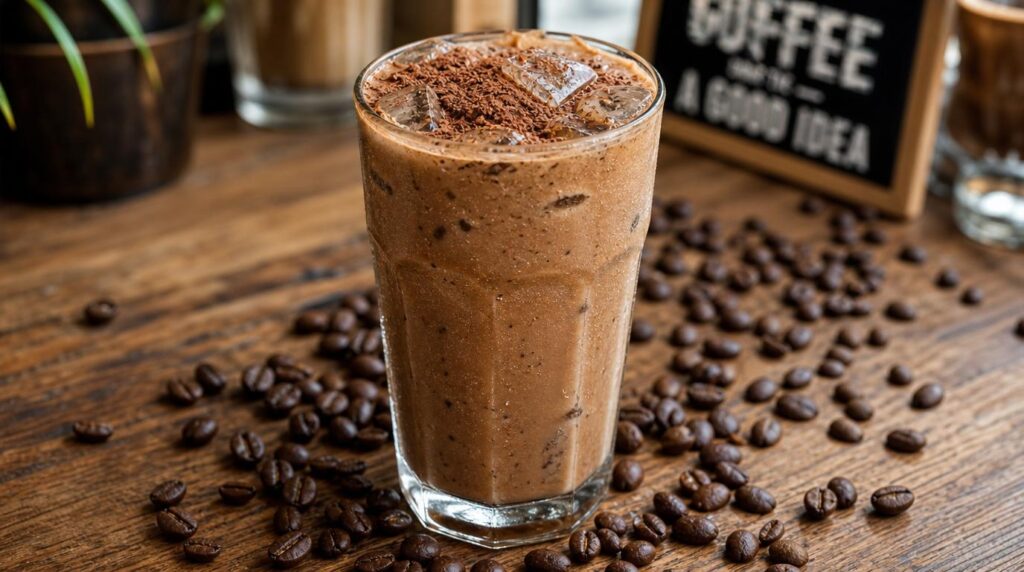 Mocha Coffee Smoothie in a tall glass with cold brew, banana, cocoa and milk