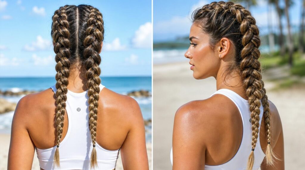 Heatless summer hairstyles on a woman keeping cool with a claw clip, braid and bun