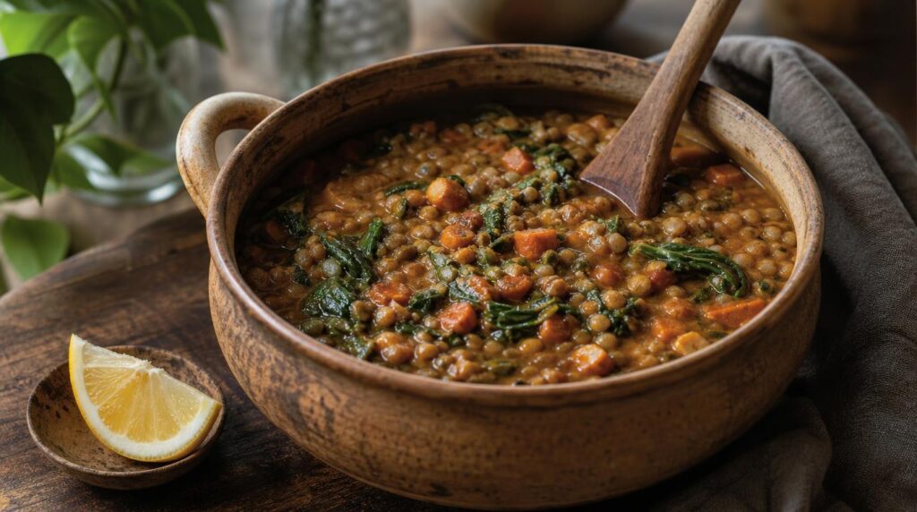 Pot of thick lentil and vegetable stew with greens stirred through and a lemon wedge