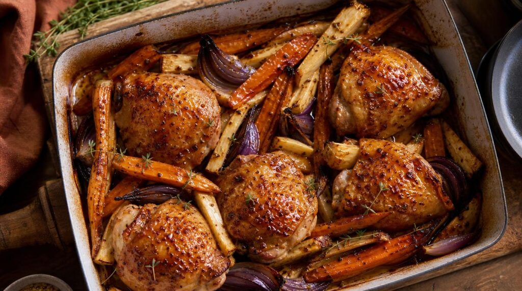 Roasting tray of golden chicken thighs with caramelized carrots, parsnips and red onion