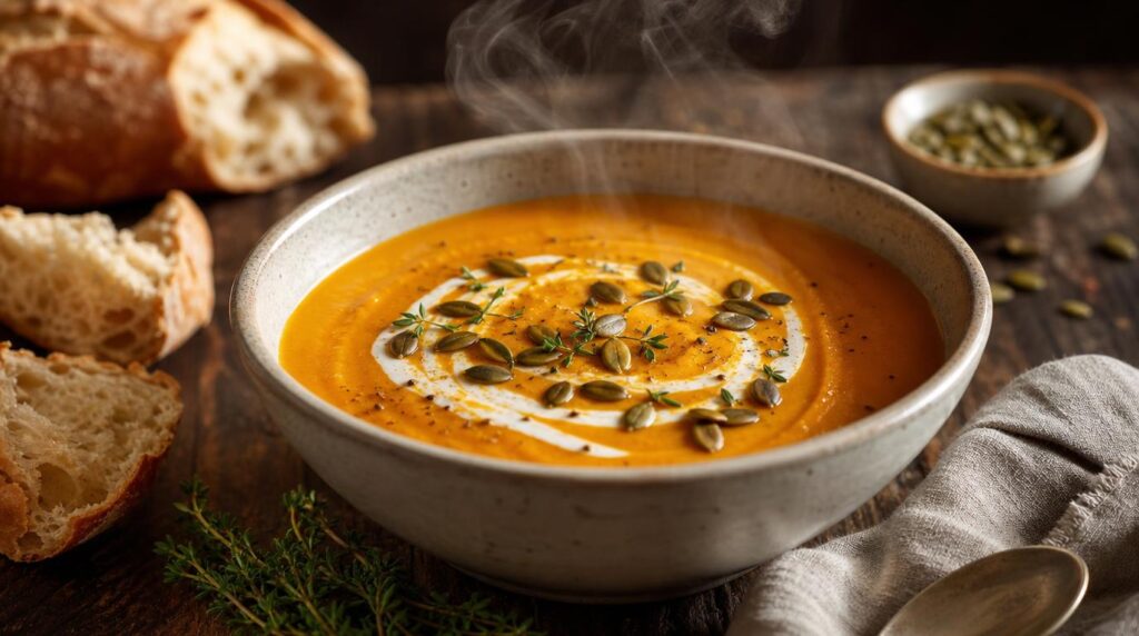 Bowl of creamy butternut squash and white bean soup topped with pumpkin seeds and yogurt
